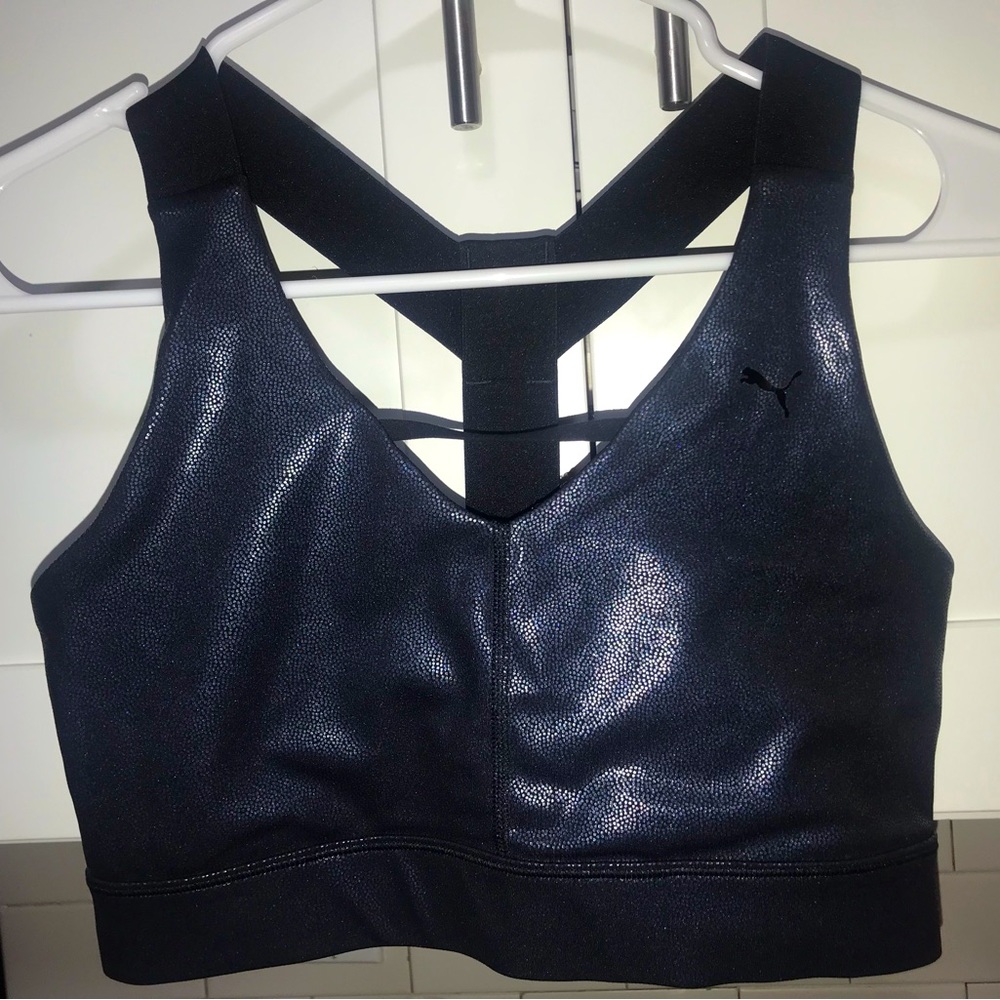 Puma sport bra, activewear, top, black and metallic dark blue. Women XS - Picture 1 of 2